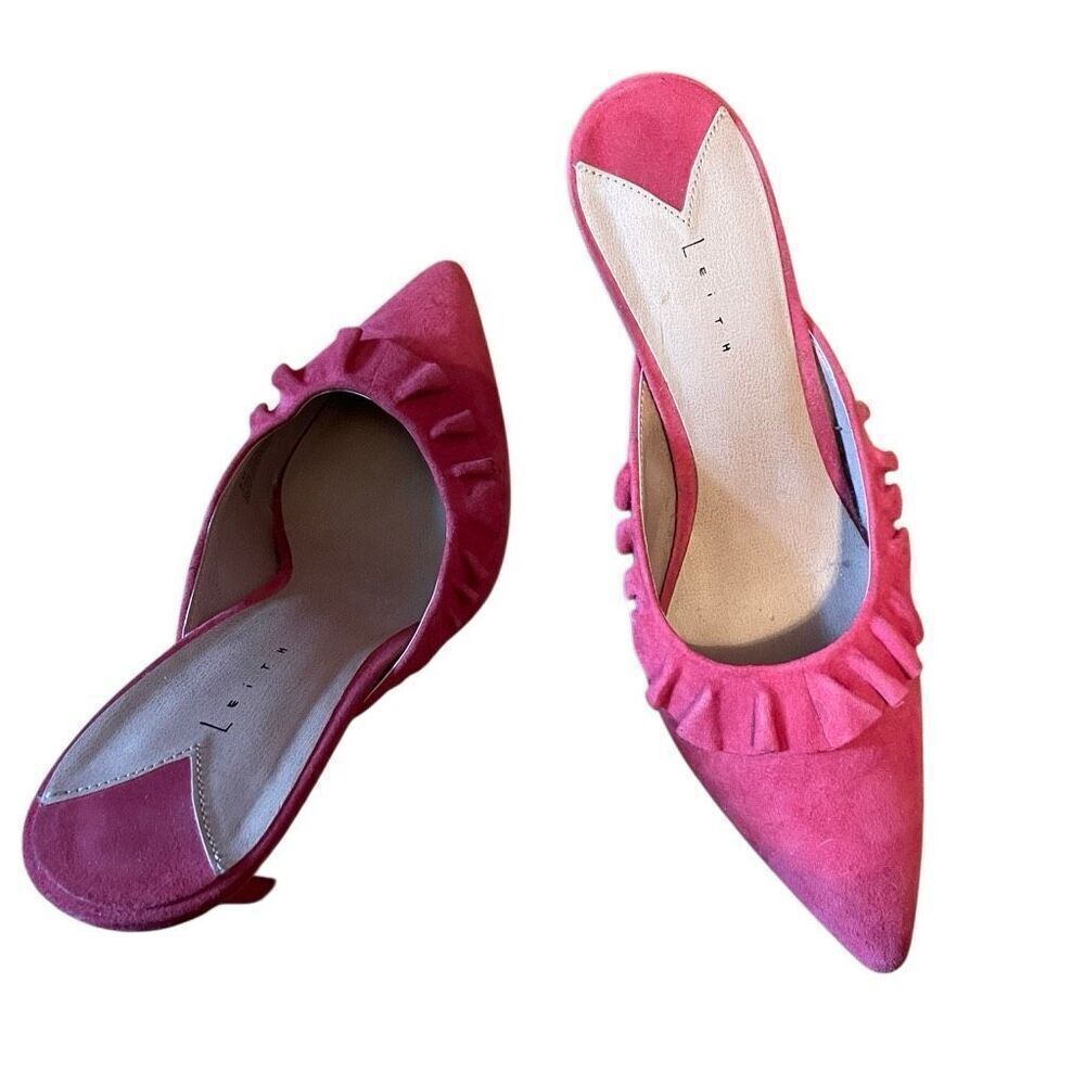 LEITH | pink suede mule heels with ruffle detail 8 - Picture 6 of 14